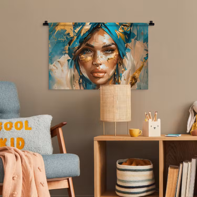 Vrouw - Portret - Goud - Luxe - Blauw Wandkleed katoen klein -wsfeer4_kind