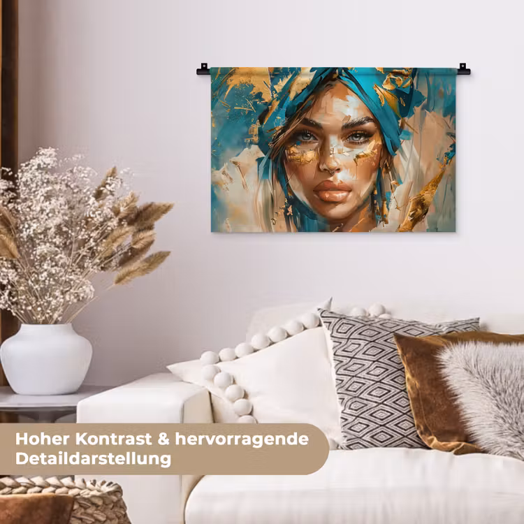 Vrouw - Portret - Goud - Luxe - Blauw Wandkleed katoen klein -tsfeer1_DE