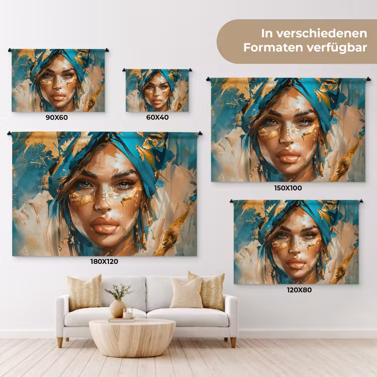 Vrouw - Portret - Goud - Luxe - Blauw Wandkleed katoen klein -tsfeer8_DE