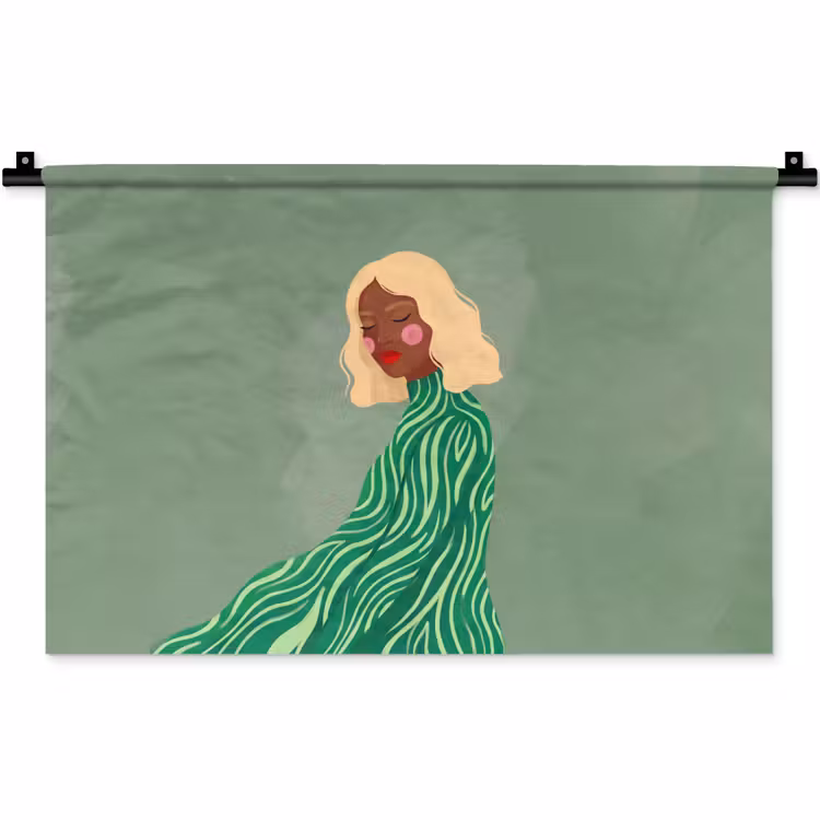 Vrouw - Portret - Illustratie - Modern - Groen Wandkleed katoen klein -zz3d