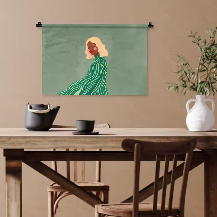 Vrouw - Portret - Illustratie - Modern - Groen Wandkleed katoen klein -sfeer6