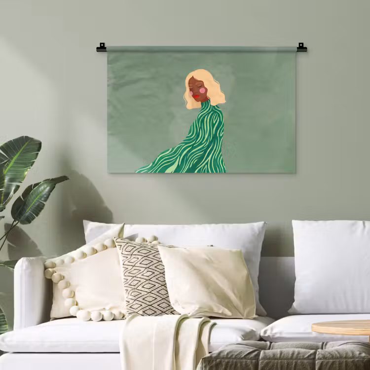 Vrouw - Portret - Illustratie - Modern - Groen Wandkleed katoen klein -sfeer7