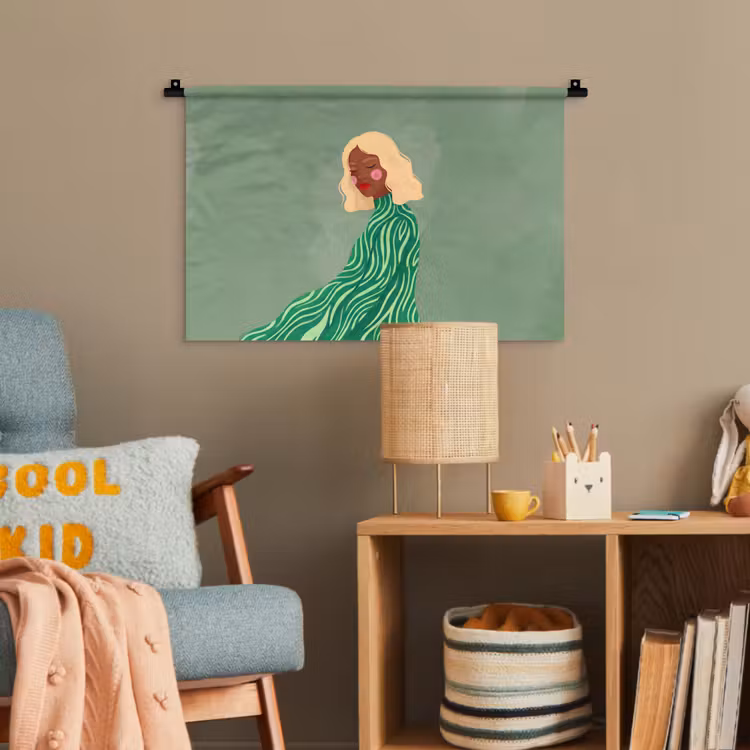 Vrouw - Portret - Illustratie - Modern - Groen Wandkleed katoen klein -wsfeer4_kind