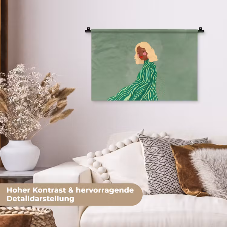 Vrouw - Portret - Illustratie - Modern - Groen Wandkleed katoen klein -tsfeer1_DE