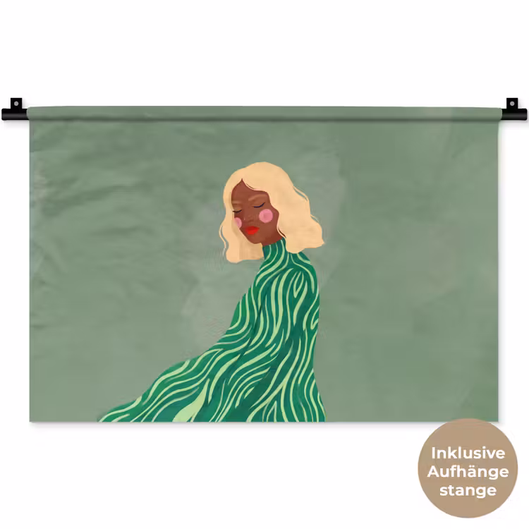 Vrouw - Portret - Illustratie - Modern - Groen Wandkleed katoen klein -t3d_DE