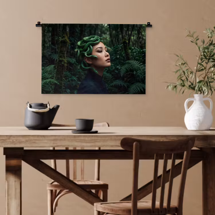 Vrouw - Slang - Natuur - Mystiek - Groen Wandkleed katoen klein -sfeer6