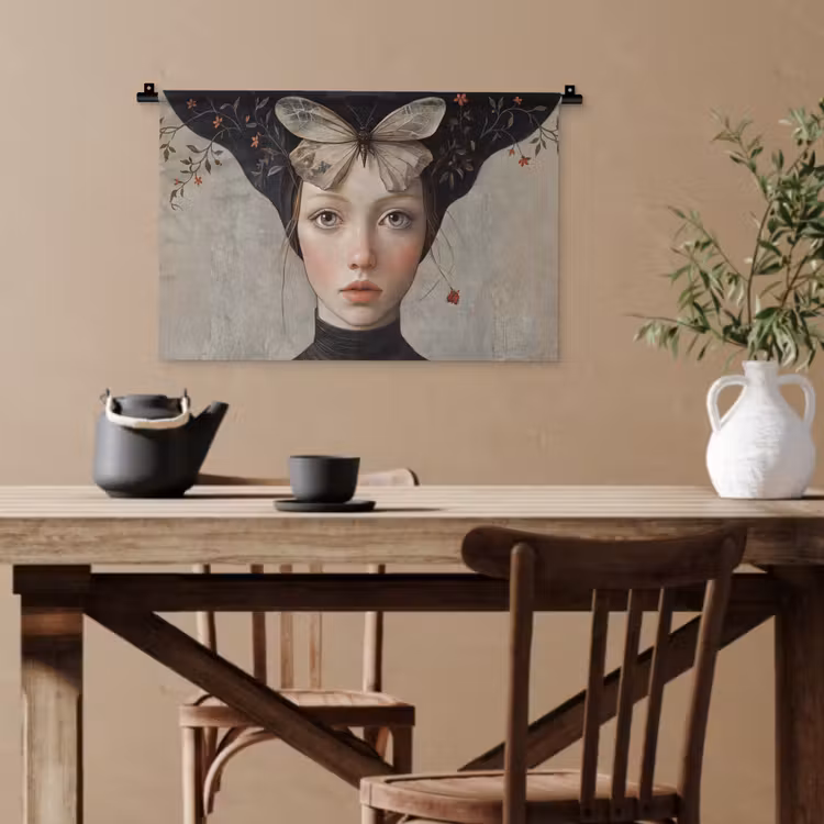 Woman - Butterfly - Art - Classic - Muted Wandkleed katoen klein -sfeer6