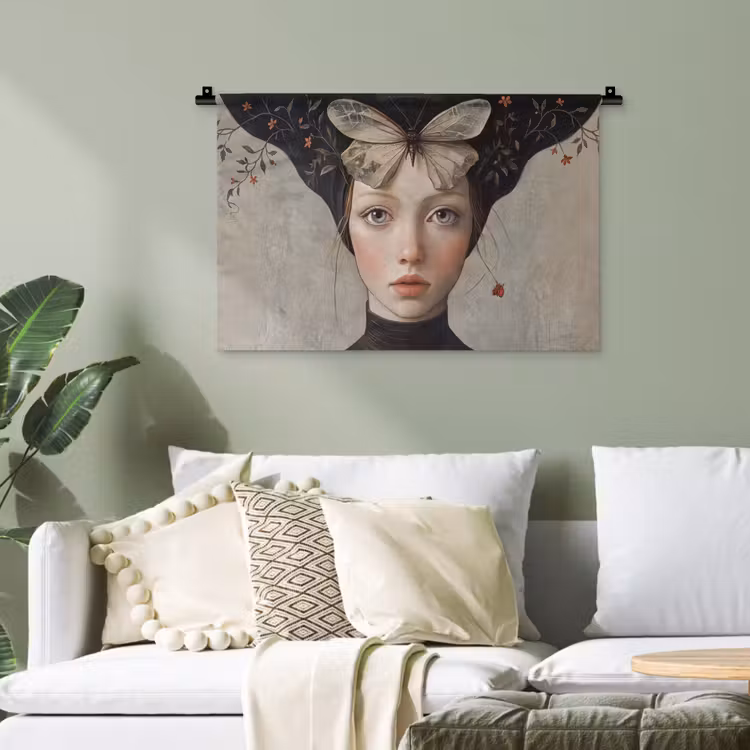 Woman - Butterfly - Art - Classic - Muted Wandkleed katoen klein -sfeer7