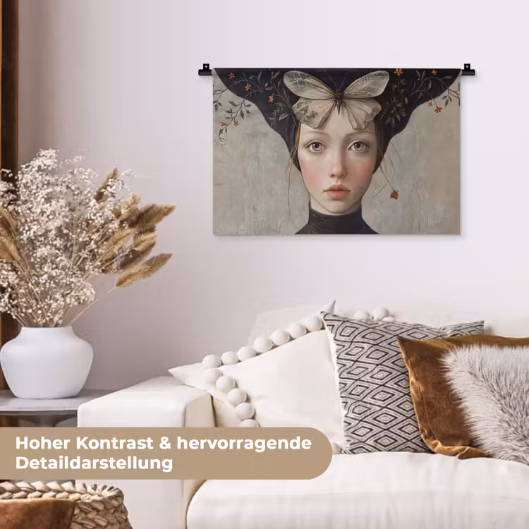 Woman - Butterfly - Art - Classic - Muted Wandkleed katoen klein -tsfeer1_DE