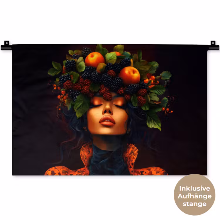 Vrouw - Zwart - Bessen - Bramen - Appels Wandkleed katoen klein -t3d_DE