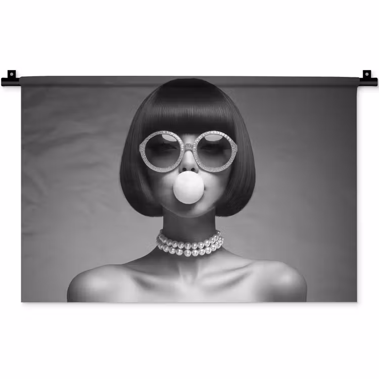 Vrouw - Zwart Wit - Ketting - Zonnebril Wandkleed katoen klein -zz3d