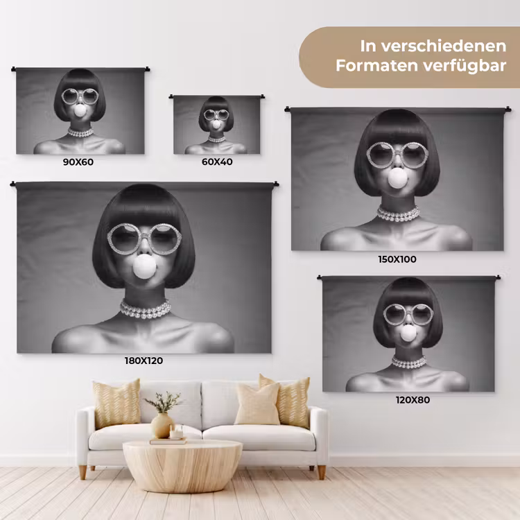 Vrouw - Zwart Wit - Ketting - Zonnebril Wandkleed katoen klein -tsfeer8_DE