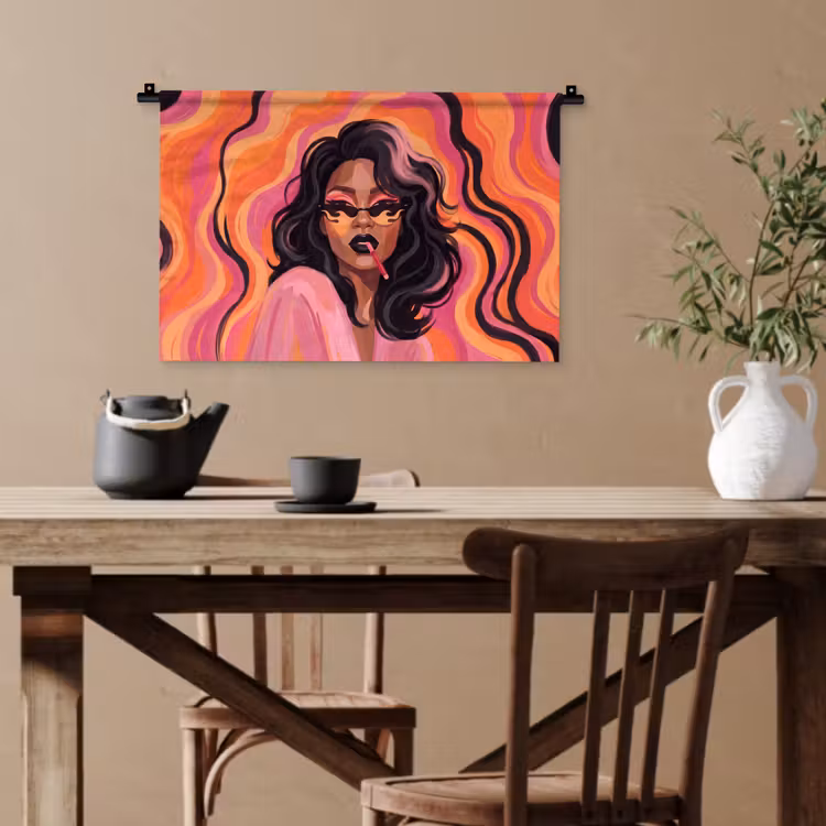 Vrouw - Zonnebril - Modern - Portret - Oranje Wandkleed katoen klein -sfeer6