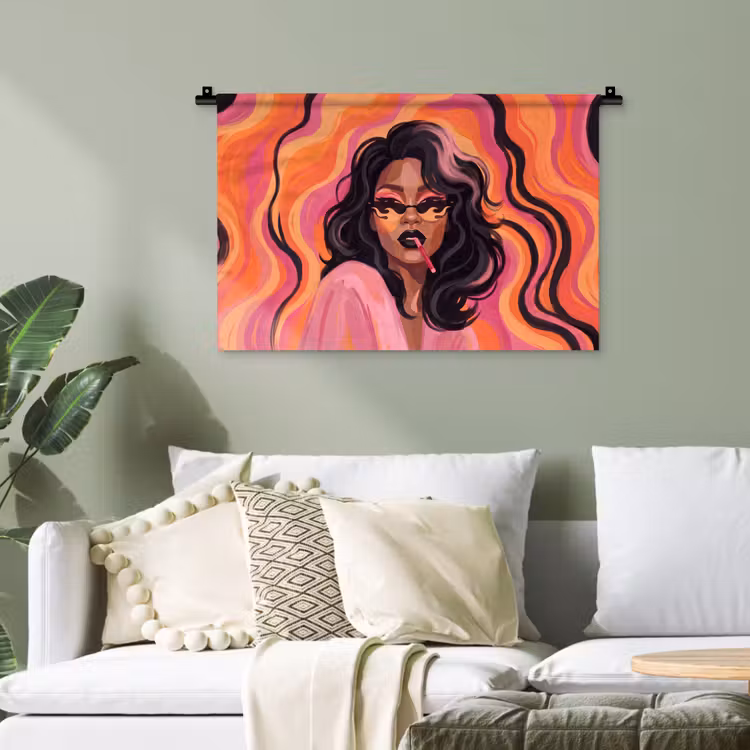 Vrouw - Zonnebril - Modern - Portret - Oranje Wandkleed katoen klein -sfeer7
