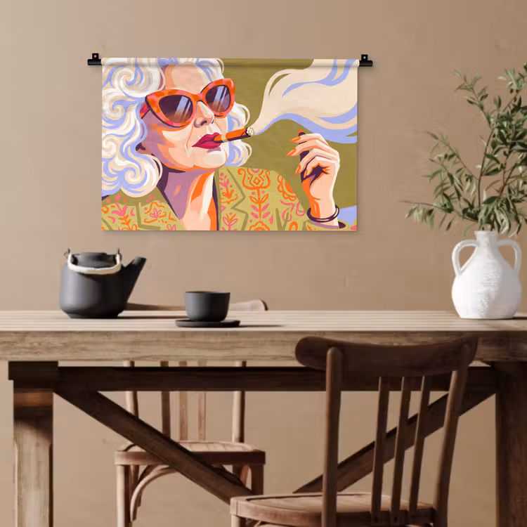 Vrouw - Zonnebril - Portret - Modern - Kleurrijk Wandkleed katoen klein -sfeer6