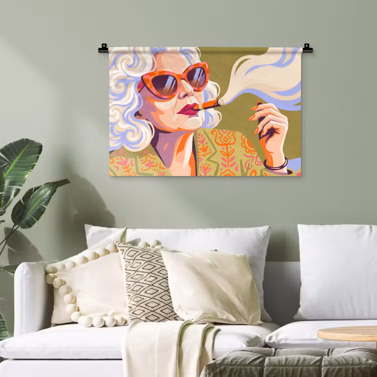 Vrouw - Zonnebril - Portret - Modern - Kleurrijk Wandkleed katoen klein -sfeer7