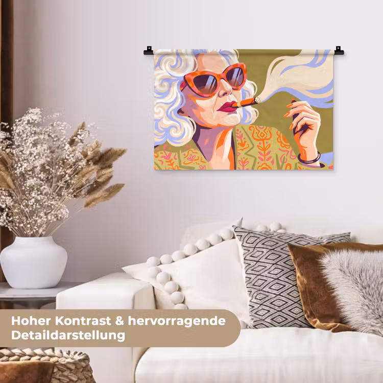 Vrouw - Zonnebril - Portret - Modern - Kleurrijk Wandkleed katoen klein -tsfeer1_DE