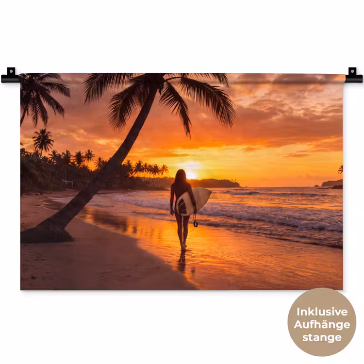Vrouw - Surfplank - Strand - Zonsondergang - Oranje Wandkleed katoen klein -t3d_DE