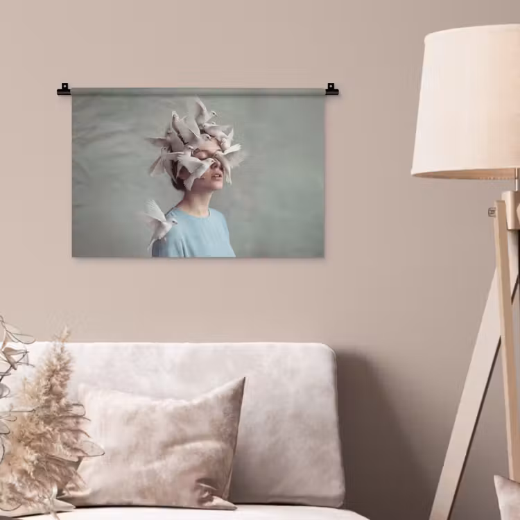 Vrouw - Vogels - Abstract - Modern - Wit Wandkleed katoen klein -sfeer4