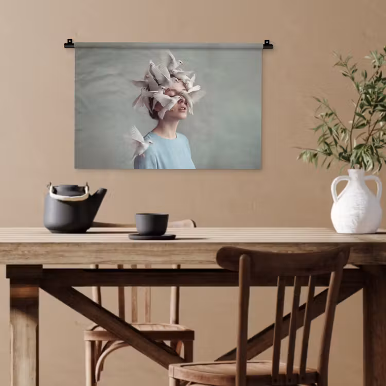 Vrouw - Vogels - Abstract - Modern - Wit Wandkleed katoen klein -sfeer6