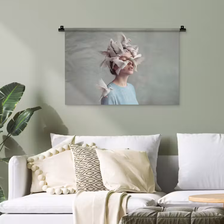 Vrouw - Vogels - Abstract - Modern - Wit Wandkleed katoen klein -sfeer7
