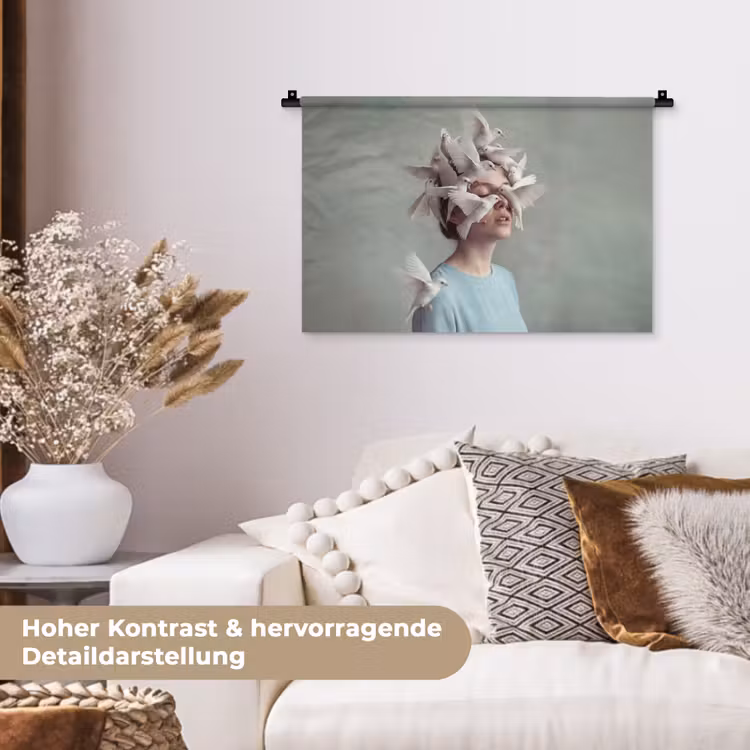 Vrouw - Vogels - Abstract - Modern - Wit Wandkleed katoen klein -tsfeer1_DE