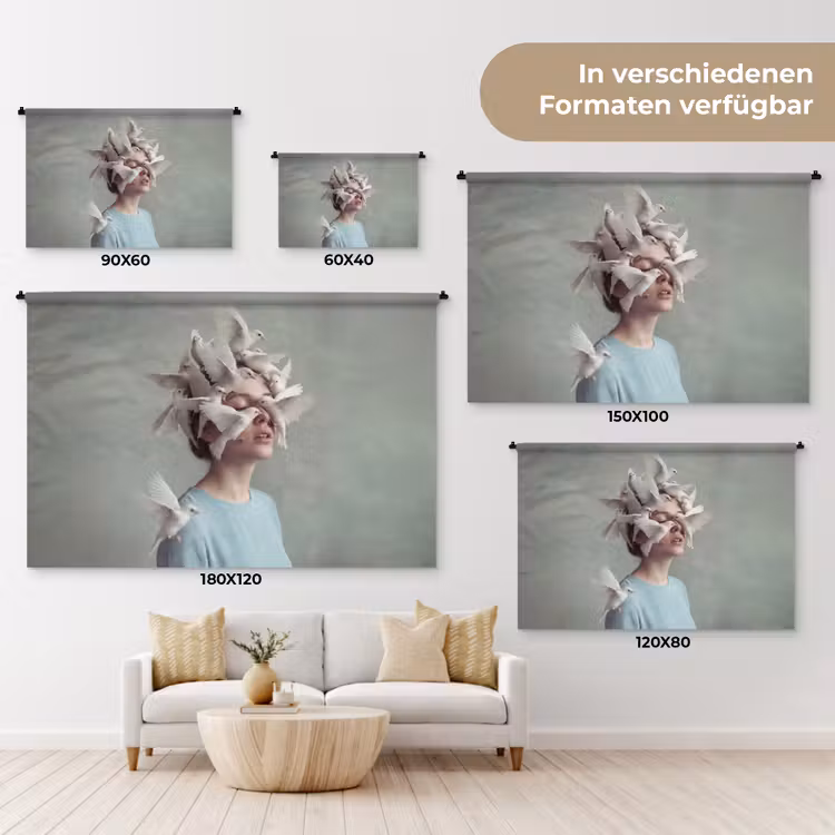 Vrouw - Vogels - Abstract - Modern - Wit Wandkleed katoen klein -tsfeer8_DE