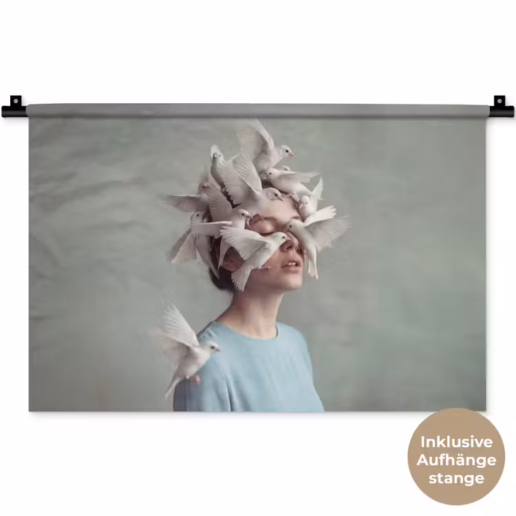 Vrouw - Vogels - Abstract - Modern - Wit Wandkleed katoen klein -t3d_DE
