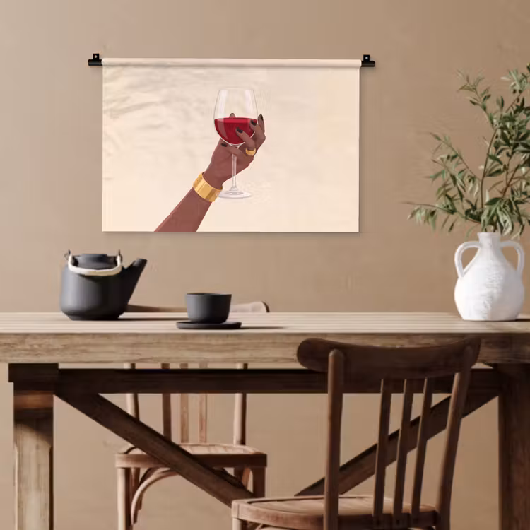 Vrouw - Wijn - Glas - Illustratie - Rood Wandkleed katoen klein -sfeer6