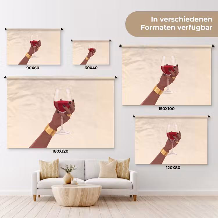 Vrouw - Wijn - Glas - Illustratie - Rood Wandkleed katoen klein -tsfeer8_DE