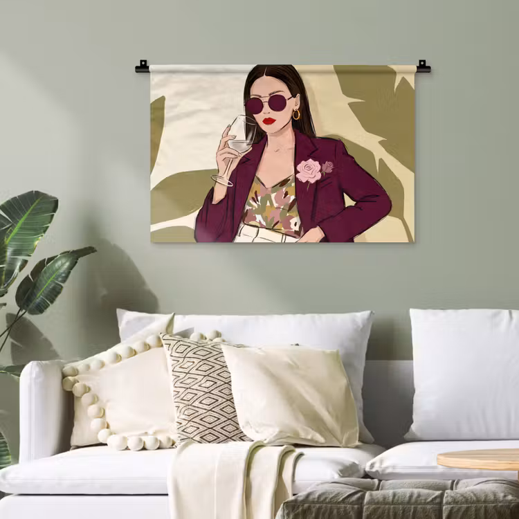 Vrouw - Wijn - Portret - Mode - Modern Wandkleed katoen klein -sfeer7