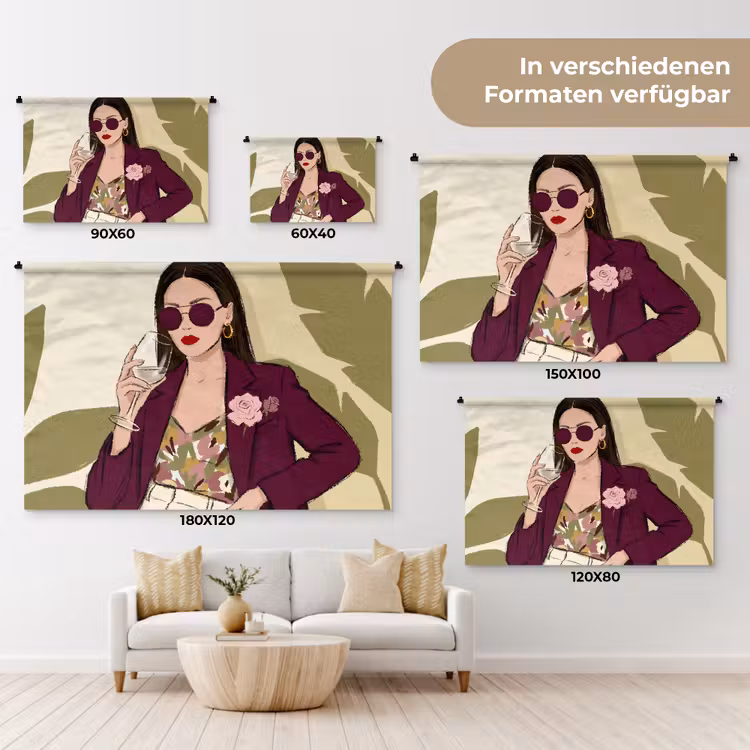 Vrouw - Wijn - Portret - Mode - Modern Wandkleed katoen klein -tsfeer8_DE