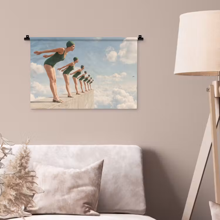 Wandteppich - Frauen – Tauchhaltung – Wolken - Vrouwen - Duikhouding - Wolken Wandkleed katoen klein