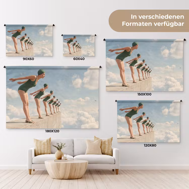Wandteppich - Frauen – Tauchhaltung – Wolken - Vrouwen - Duikhouding - Wolken Wandkleed katoen klein