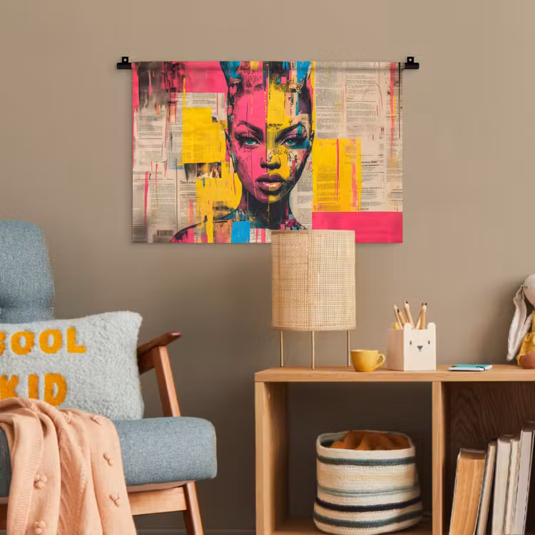 Vrouwengezicht - Krantenpapier - Abstract - Roze Wandkleed katoen klein -wsfeer4_kind