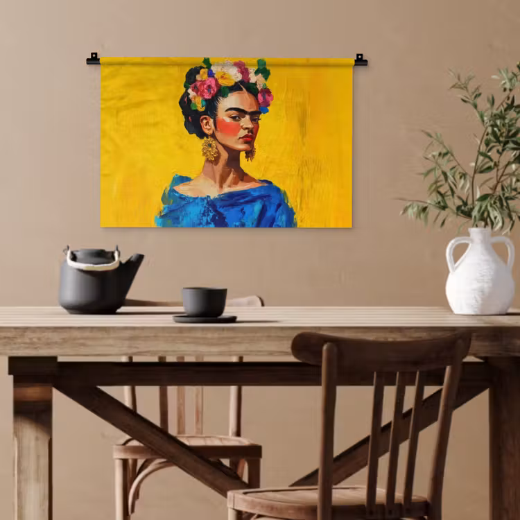 Frida Kahlo - Vrouw - Geel - Blauw - Bloemen Wandkleed katoen klein -sfeer6