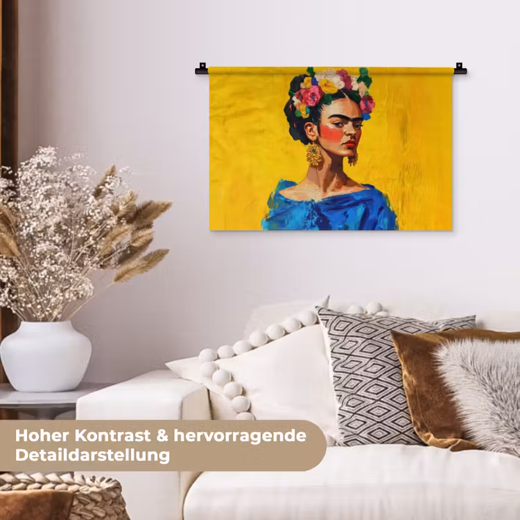 Frida Kahlo - Vrouw - Geel - Blauw - Bloemen Wandkleed katoen klein -tsfeer1_DE