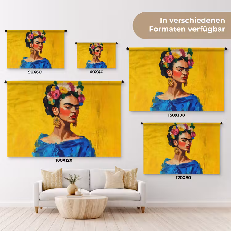 Frida Kahlo - Vrouw - Geel - Blauw - Bloemen Wandkleed katoen klein -tsfeer8_DE