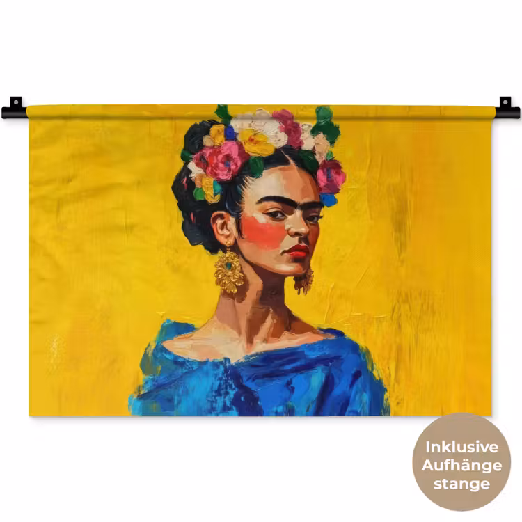 Frida Kahlo - Vrouw - Geel - Blauw - Bloemen Wandkleed katoen klein -t3d_DE