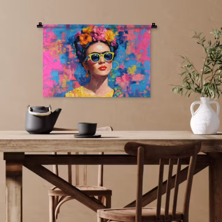 Vrolijk portret - Vrouw - Bloemenkroon Wandkleed katoen klein -sfeer6