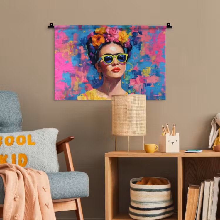 Vrolijk portret - Vrouw - Bloemenkroon Wandkleed katoen klein -wsfeer4_kind