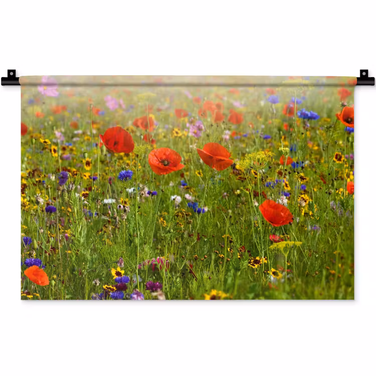 Lente - Bloemen - Rood - Klaproos - Gras - Groen Wandkleed katoen klein -zz3d