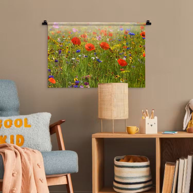 Lente - Bloemen - Rood - Klaproos - Gras - Groen Wandkleed katoen klein -wsfeer4_kind