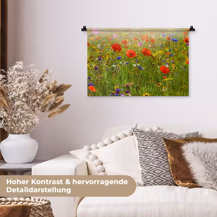 Lente - Bloemen - Rood - Klaproos - Gras - Groen Wandkleed katoen klein -tsfeer1_DE