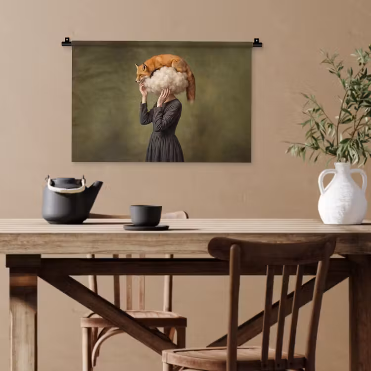 Vos - Surrealistisch - Groen Wandkleed katoen klein -sfeer6