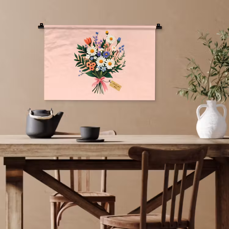 Margrieten - Boeket - Strikje - Roze Wandkleed katoen klein -sfeer6