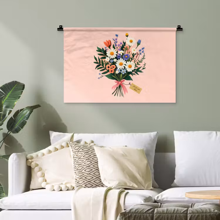 Margrieten - Boeket - Strikje - Roze Wandkleed katoen klein -sfeer7