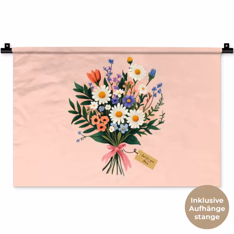 Margrieten - Boeket - Strikje - Roze Wandkleed katoen klein -t3d_DE