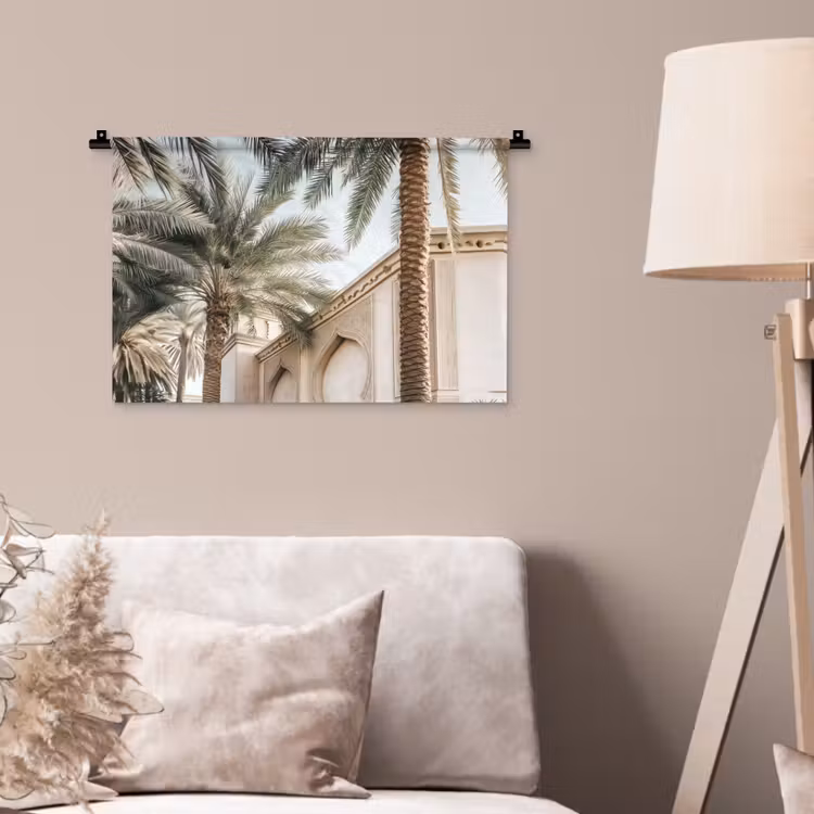 Gebouw - Palmbomen - Beige - Zon Wandkleed katoen klein -sfeer4