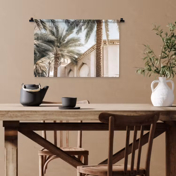 Gebouw - Palmbomen - Beige - Zon Wandkleed katoen klein -sfeer6